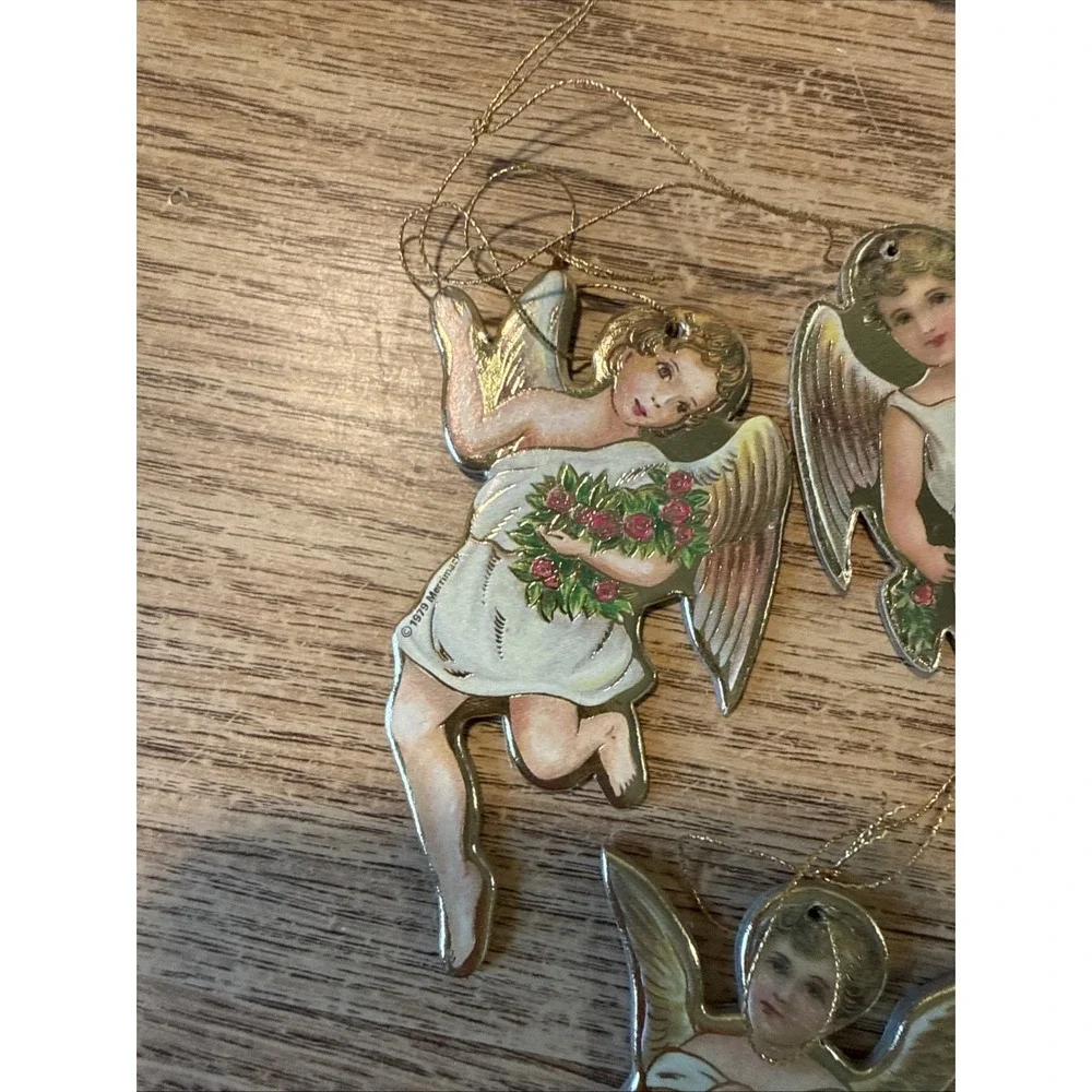 3 Pc Victorian Style Die Cut Angel Christmas Ornaments 1979 Merrimack Paper Gold